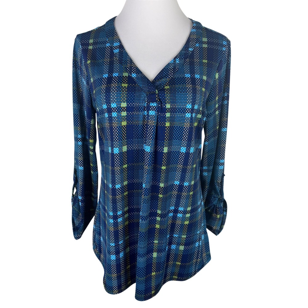 Kim Rogers Women's Large Blue Lime Green Plaid Roll-Tab Sleeve V-Neck Blouse